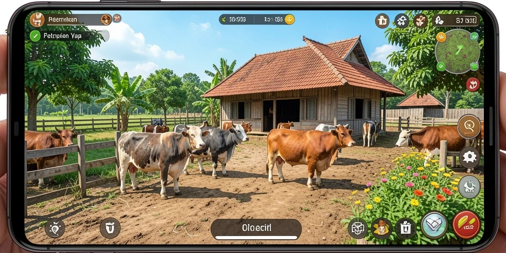 Tangkapan layar D73 menampilkan peternakan yang subur dan gameplay yang menarik.