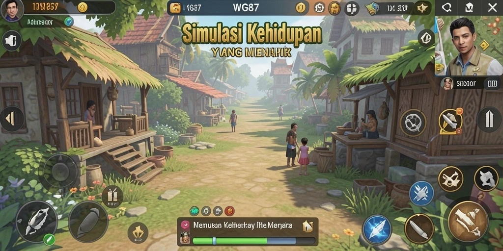 Screenshot gameplay WG87 dengan karakter yang berinteraksi dalam simulasi.